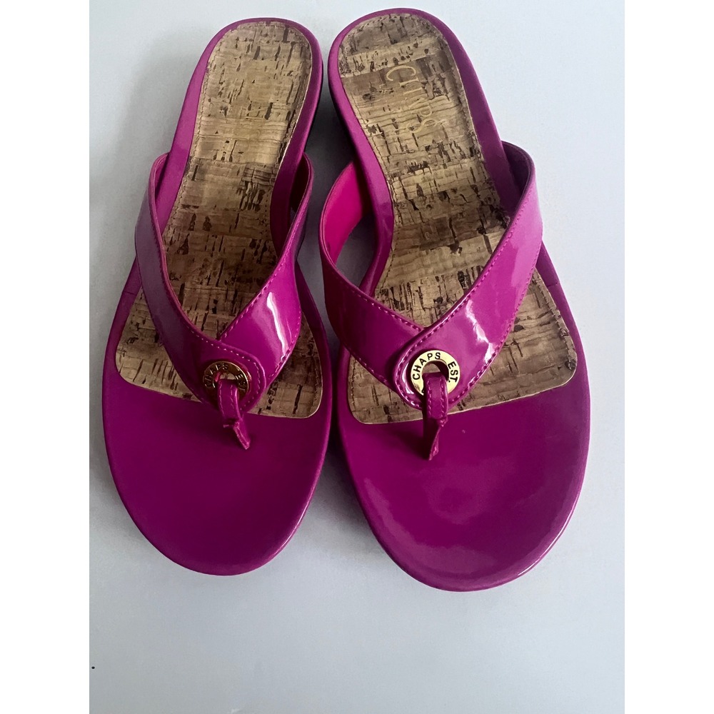 Chaps Kaylen Magenta Pink Patent Thong Sandals Cork Footbed Gold Logo 8B